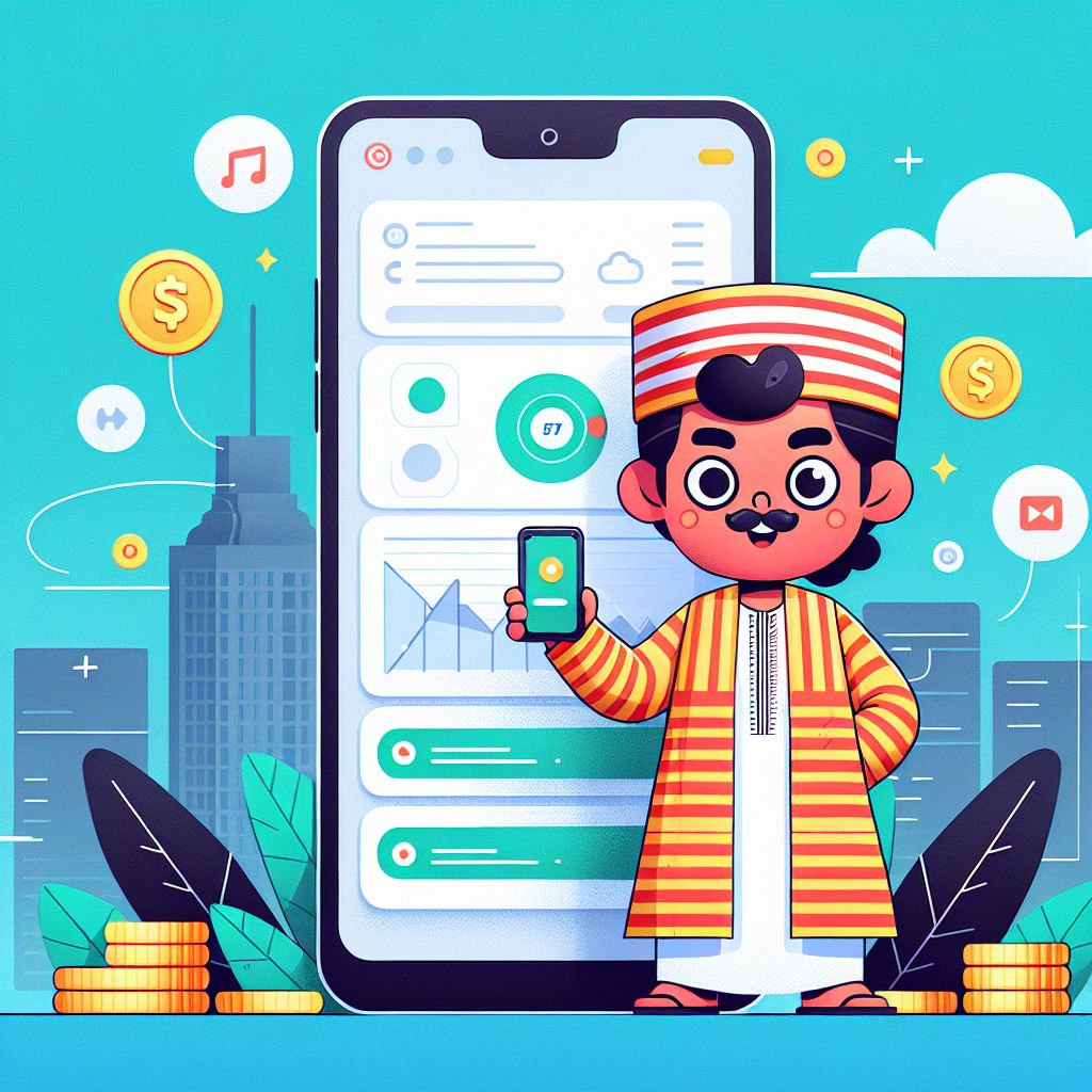Cartoon character holding a smartphone with 6777bat app interface and Bangladesh-themed background