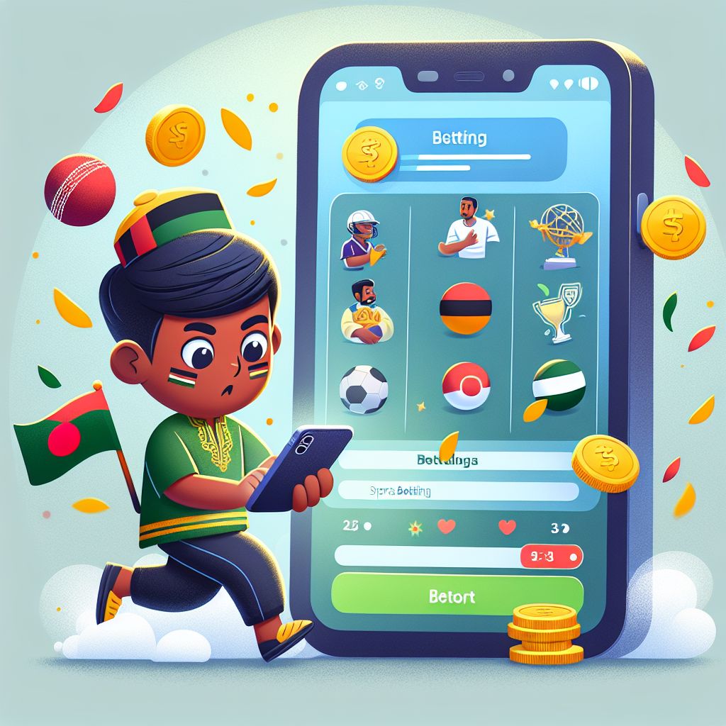 Cartoon sports fan holding a betting slip with floating odds and coins in a Bangladesh-themed color palette