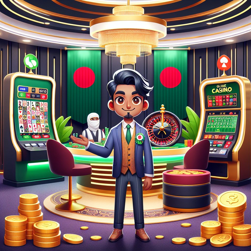 6777bat casino cartoon character with cards, chips, and a slot machine in a Bangladesh-themed color palette